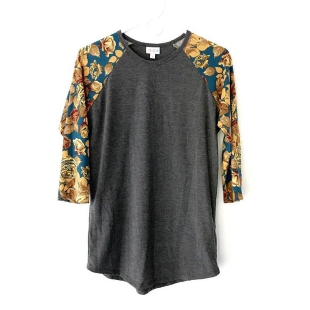LuLaRoe Randy Raglan Floral Sleeve Baseball Tee Gray Mustard Roses Small 6-8